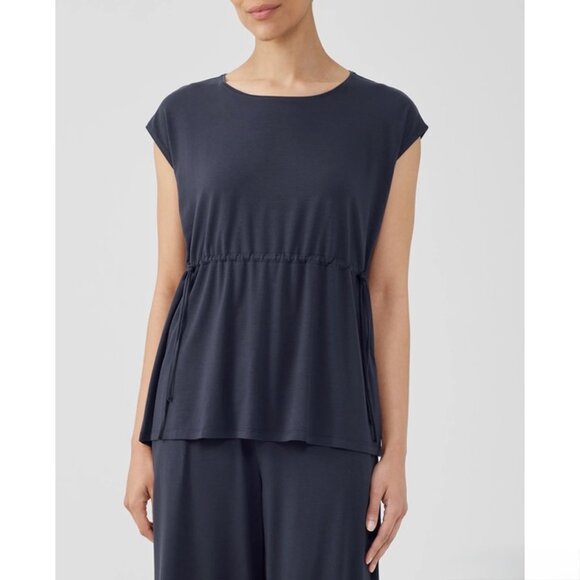 Eileen Fisher Fine Jersey Jewel Neck Drawstring Boxy Blouse Top Black Medium - Picture 1 of 10